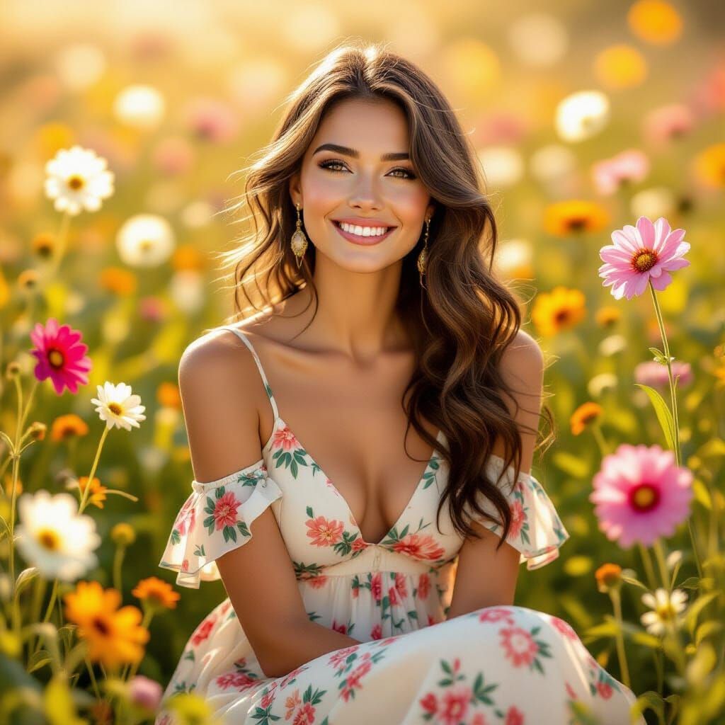 Serene Woman in Sunlight, Alphonse Mucha Style