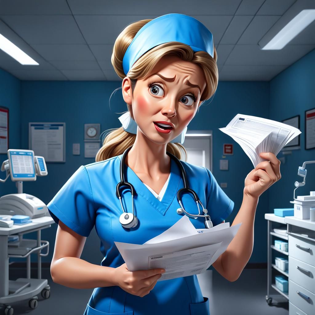 Overwhelmed Nurse Cartoon Caricature in Semi-Realism Style