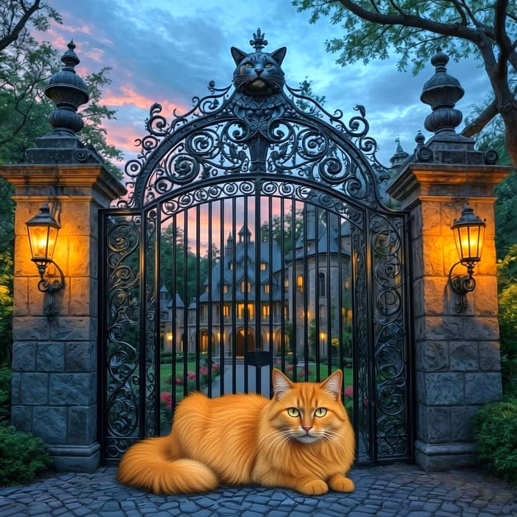 Elegant Wrought Iron Gate with Cat Head Embellishment