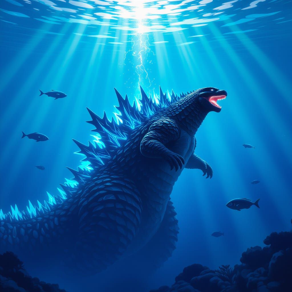 Godzilla's Atomic Glow in Vibrant Ocean Depths