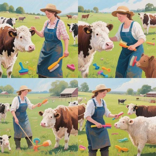 Farmer Tending Fluffy Cows: Acrylic on Canvas