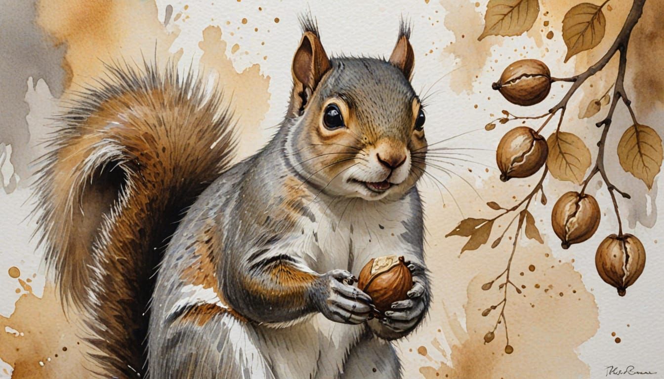 Squirrel with Walnuts: Ink Painting in Folk Art Style
