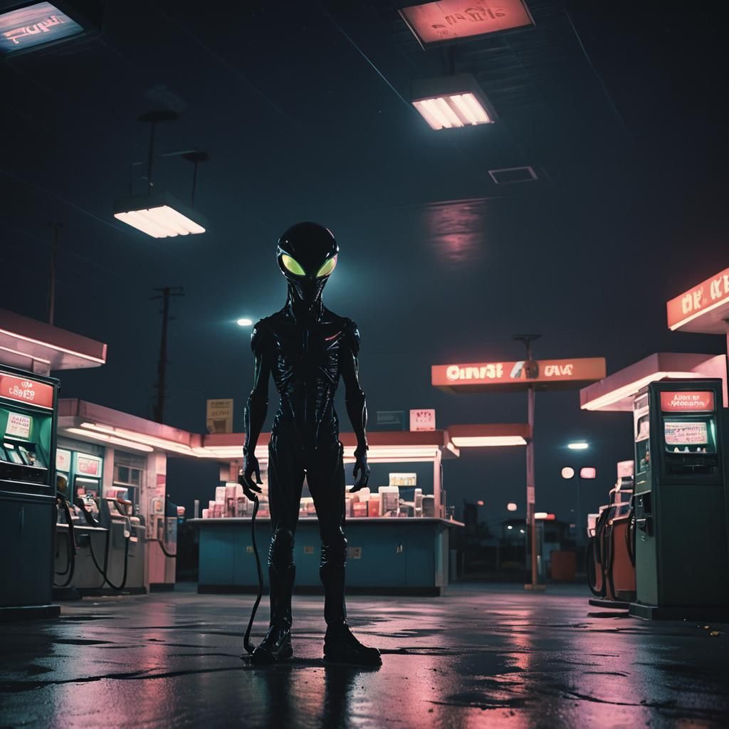 Alien Gas Station in Neo-Noir Style
