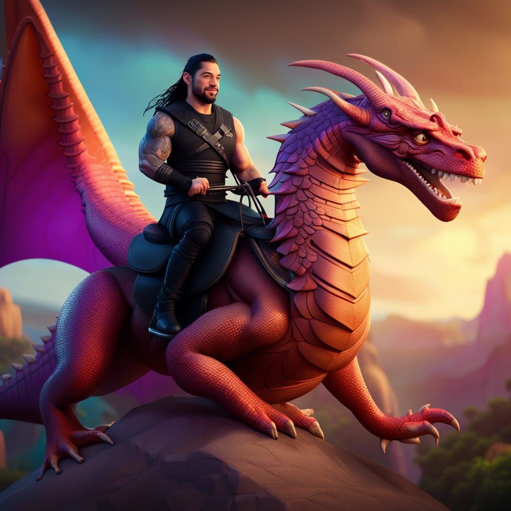 Roman Reigns Rides a Dragon: 3D Digital Art