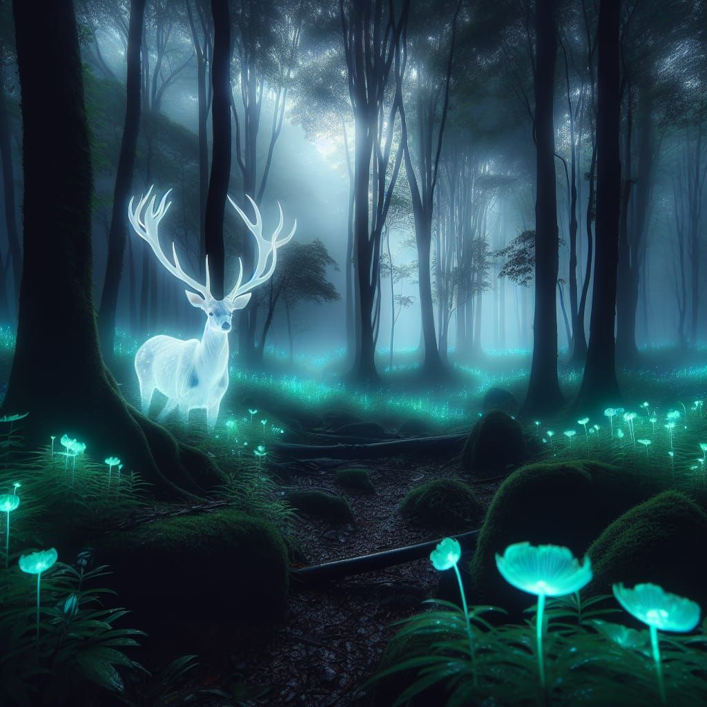 Moonlit Forest with Spectral Deer