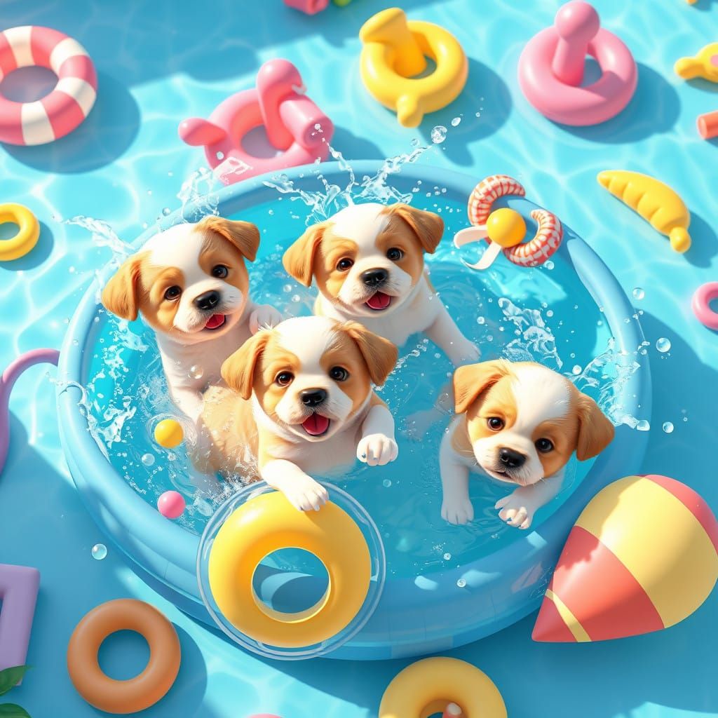Playful Puppies in a Bright Blue Kiddie Pool Scene