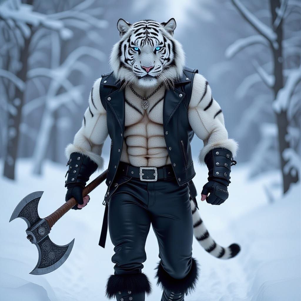 Siberian Tiger Man Warrior with Battle Axe in Snow