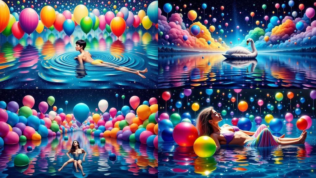 Vibrant Balloons Fill a Watery Scene with Twinkling Starligh...