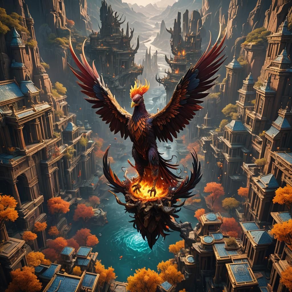 Detailed Phoenix Matte Painting in Deep Color
