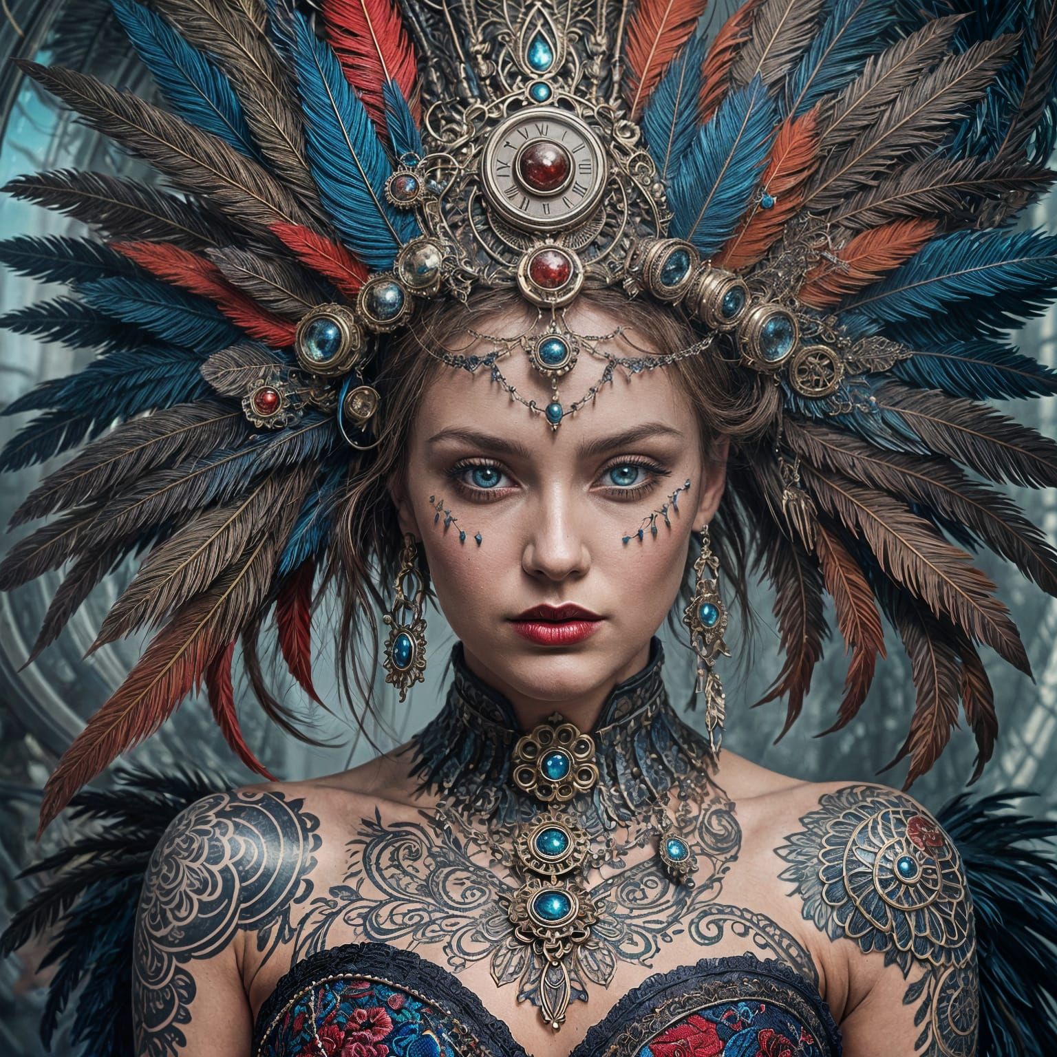 A woman, tatoo, beautiful feathers, steampunk style, blue eyes, red glossy lipstick, mix stripe blue and silver , trendi...
