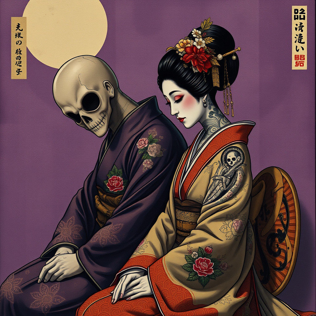 Mourning Geisha with Samurai in Sumi-e Style