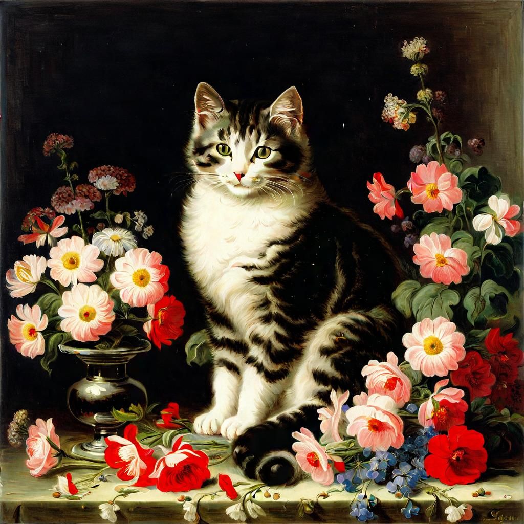 Cute Cat Surrounded by Flowers in Romanticism Style