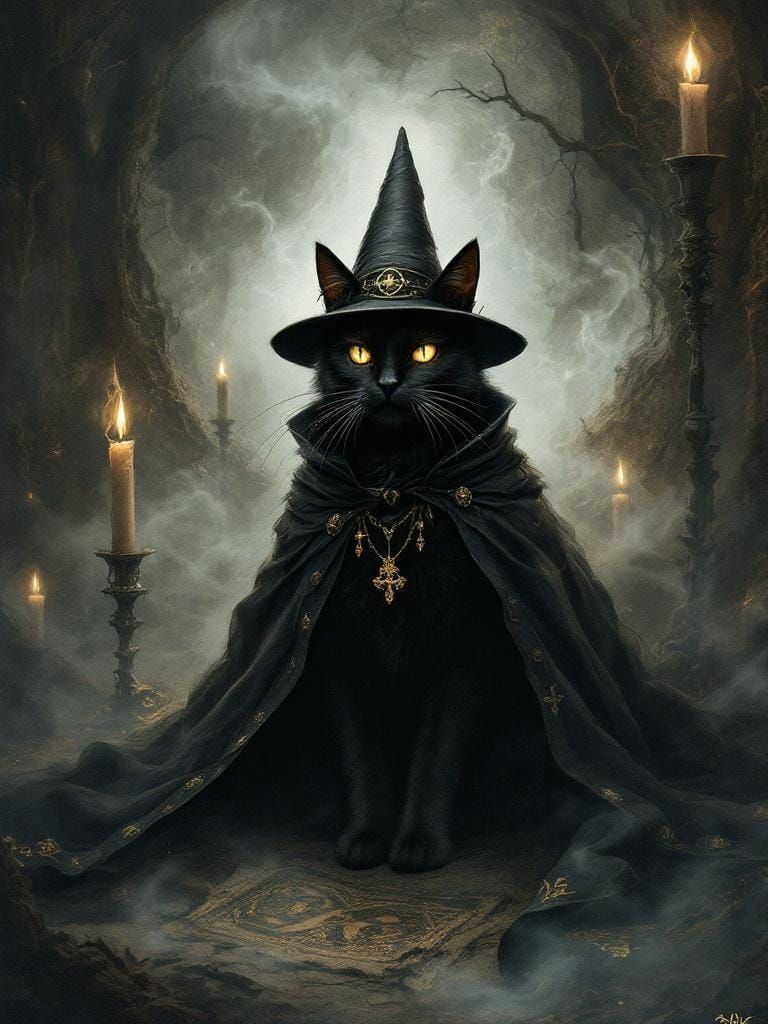 Mystical Black Cat Assistant in Horror Style