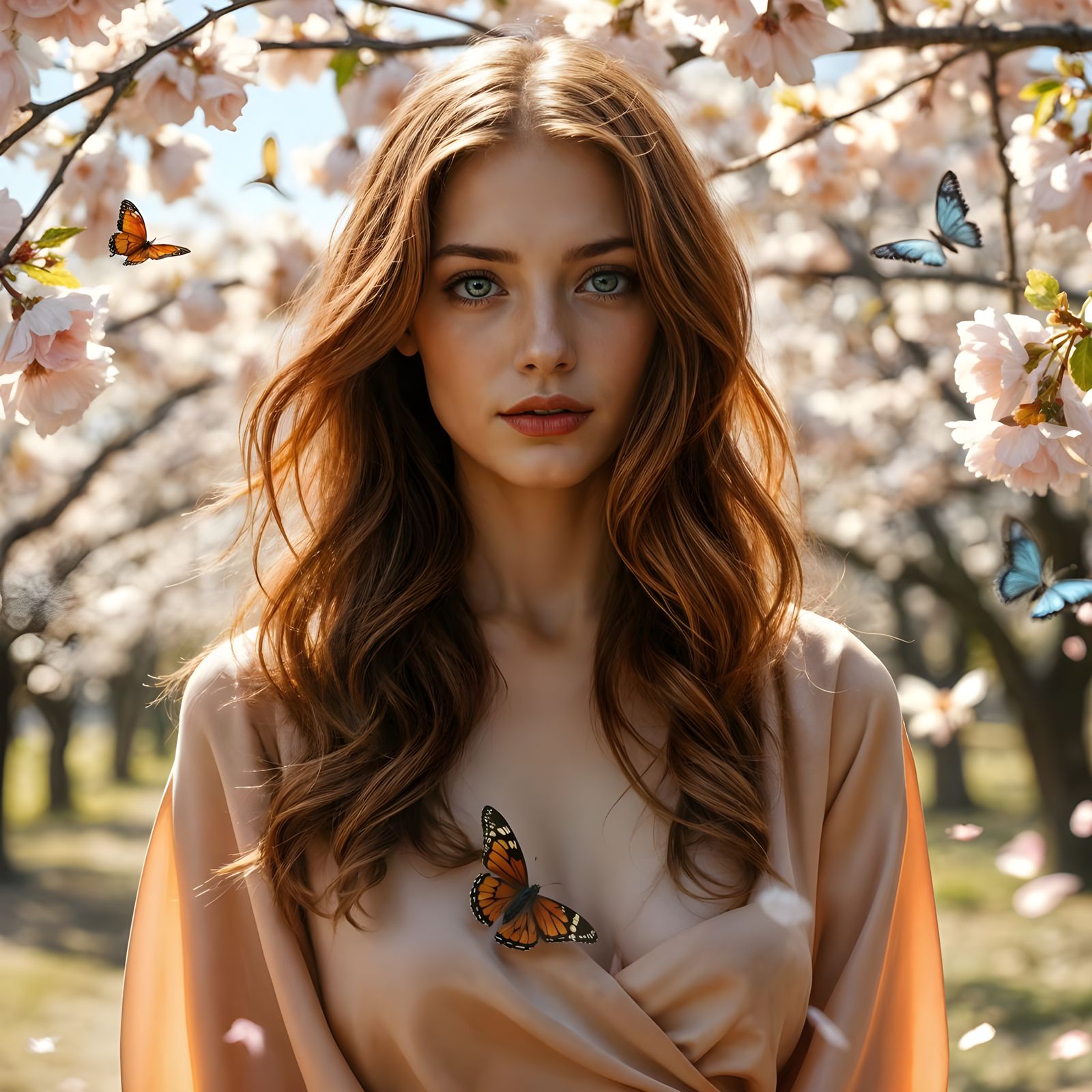 Hyperrealistic Portrait of a Woman in Cherry Orchard