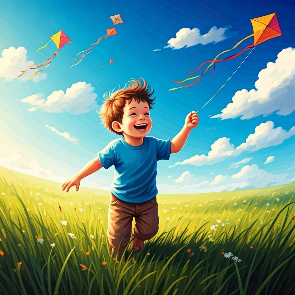 Boy Chasing Kites in Impressionistic Meadow
