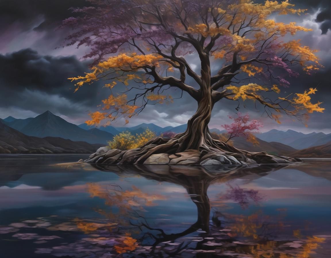 Surreal Tree in Bloom Oil Painting