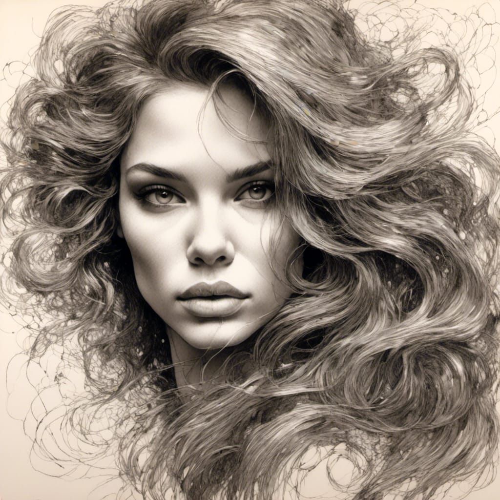 Elegant Woman's Portrait in Hatching Caricature Style