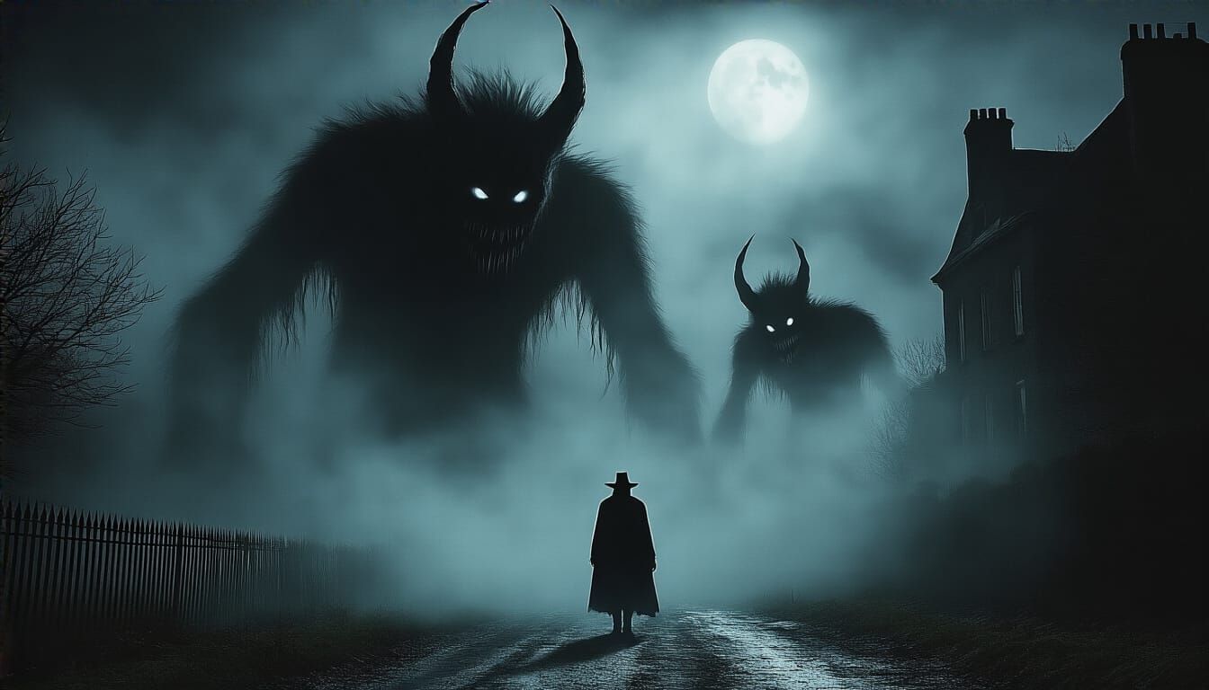 Eerie Shadow Monsters in Mist: Cinematic Grimdark