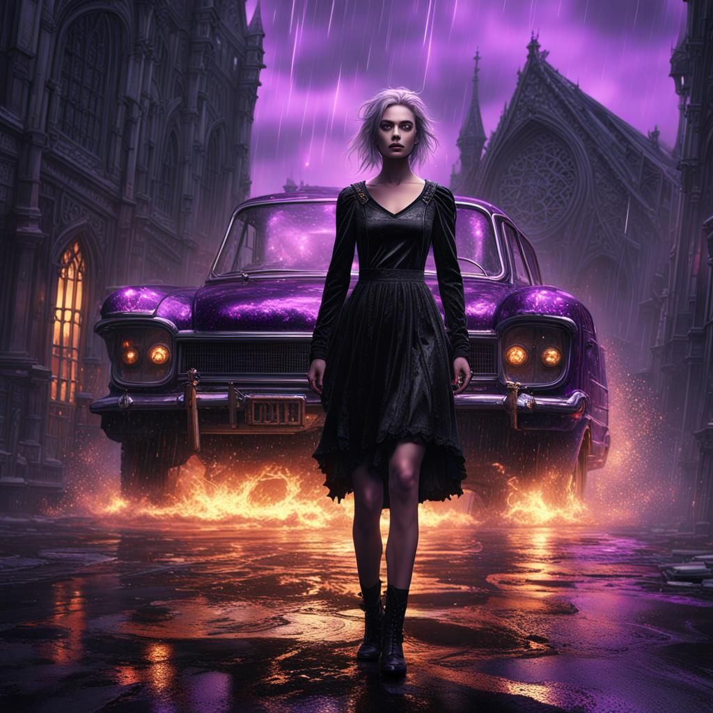 Woman in Velvet Dress in Rain, Dark Fantasy Art
