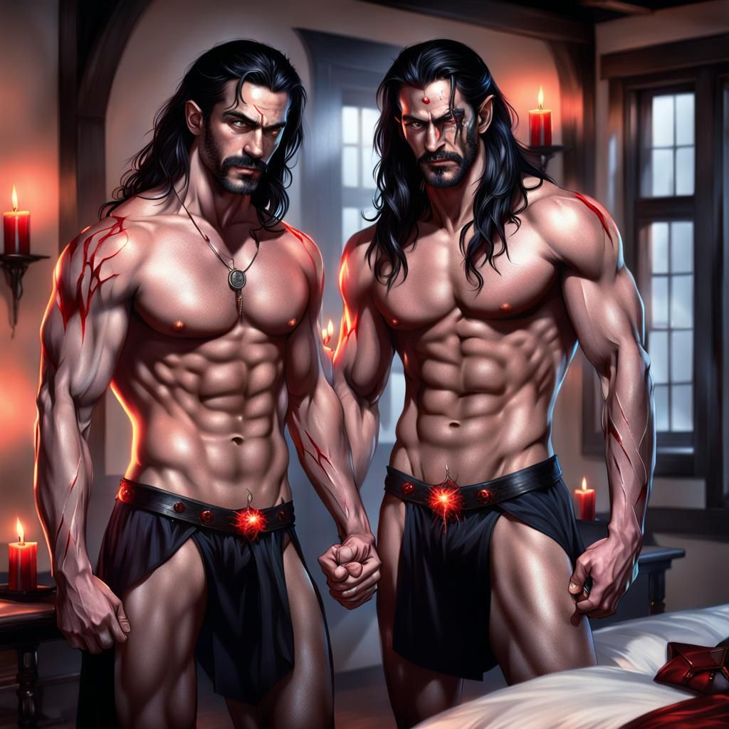 Two Male Witches Holding Hands with Magical Sparks
