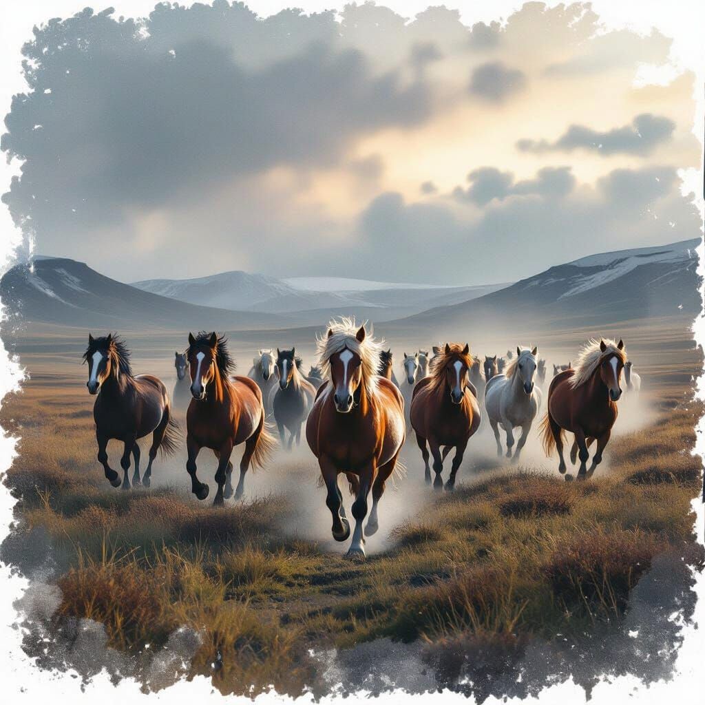 Herd of Icelandic Horses Galloping in Watercolor Style