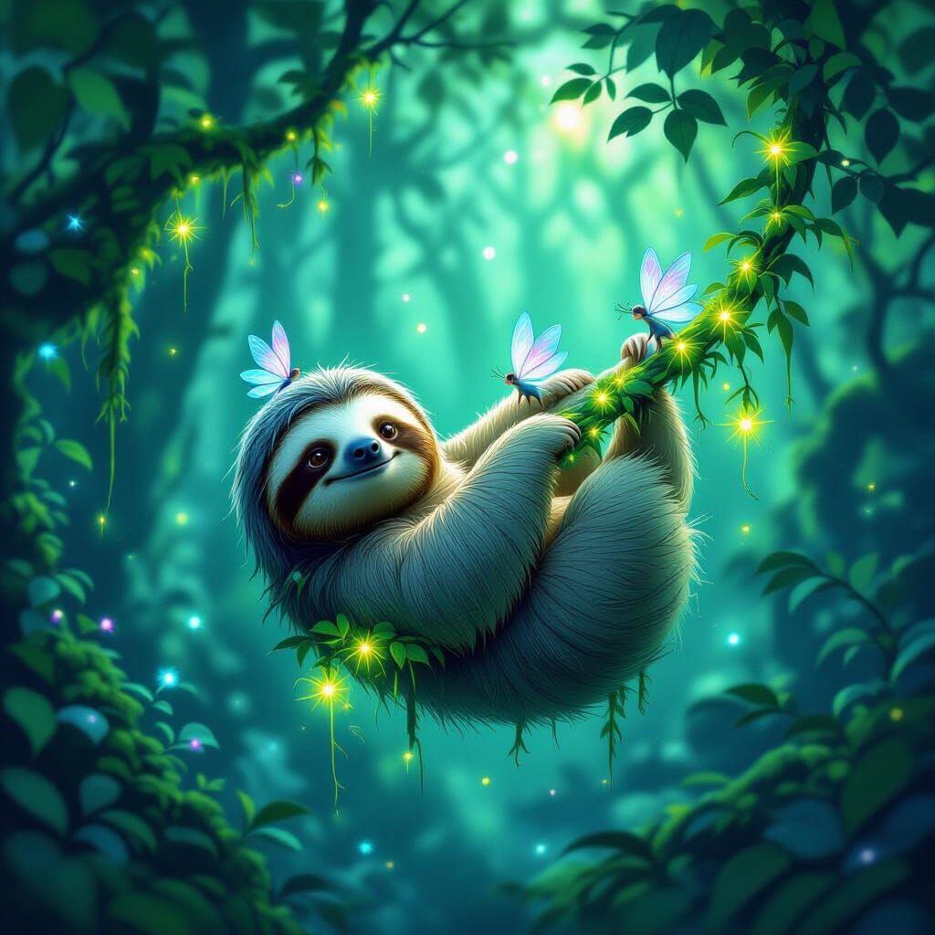 Mossy Sloth on Ethereal Vine in Magical Forest