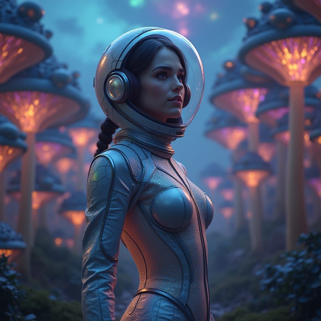 Sleek Space Explorer Amidst Alien Landscape in Cyberpunk Sty...