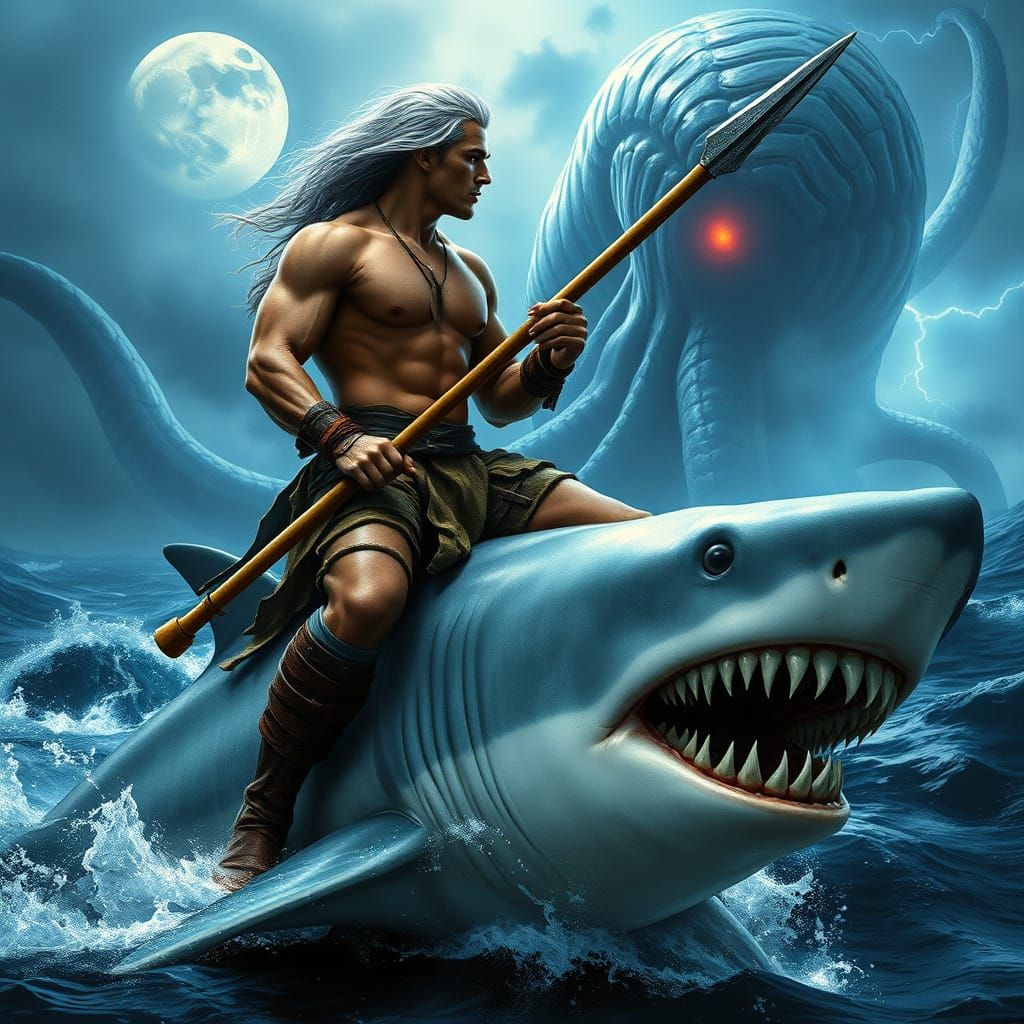 Chiseled Hunter Rides Shark into Kraken's Lair