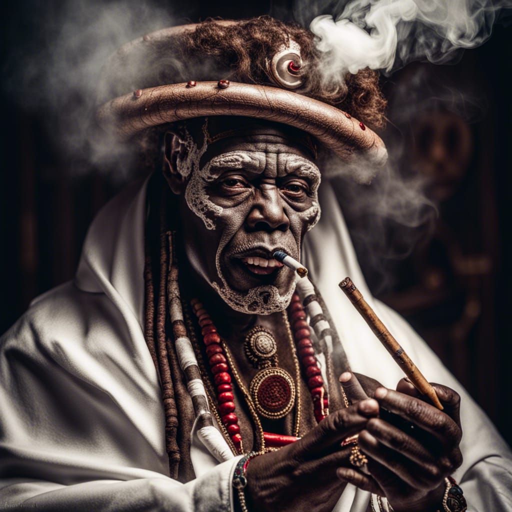 Voodoo Priest Smoking Cigar: Hyperrealistic 64 Megapixel Ima...
