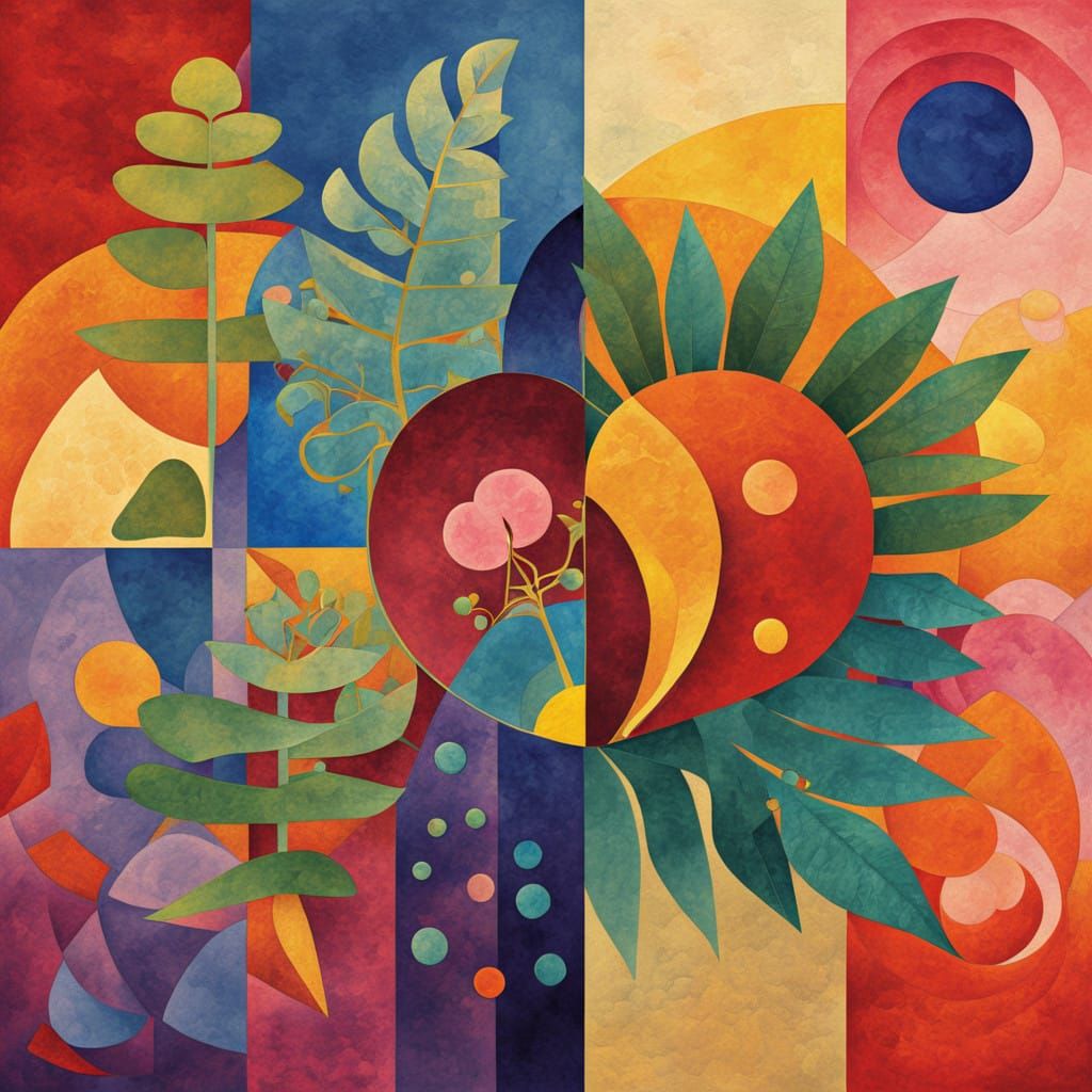 Vibrant Ferns and Hearts in Cubist Style