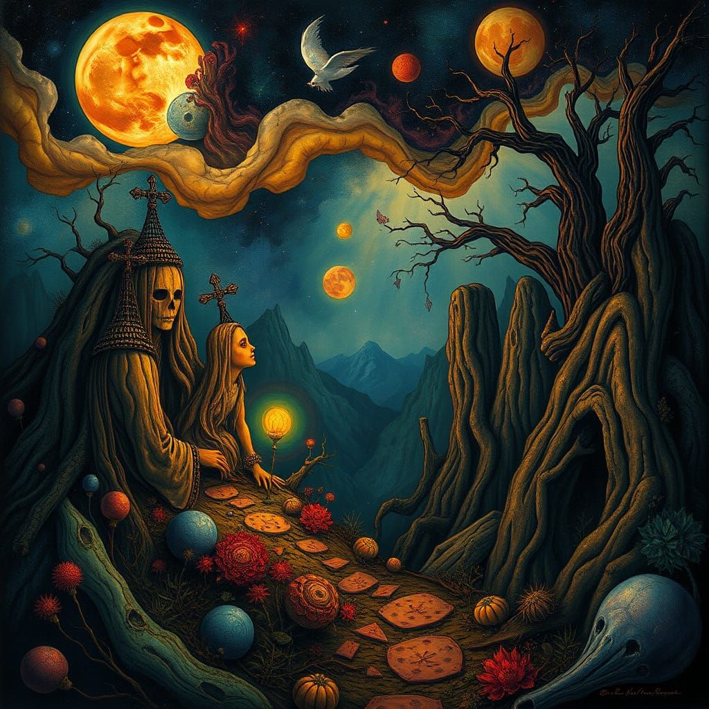 Symbolic Dreamscapes in Vibrant Folk Art Style