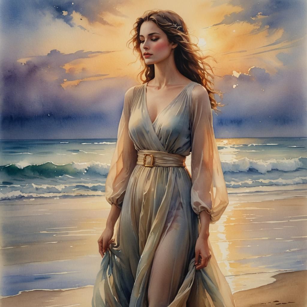 Woman on Beach in Romantic Watercolor Style