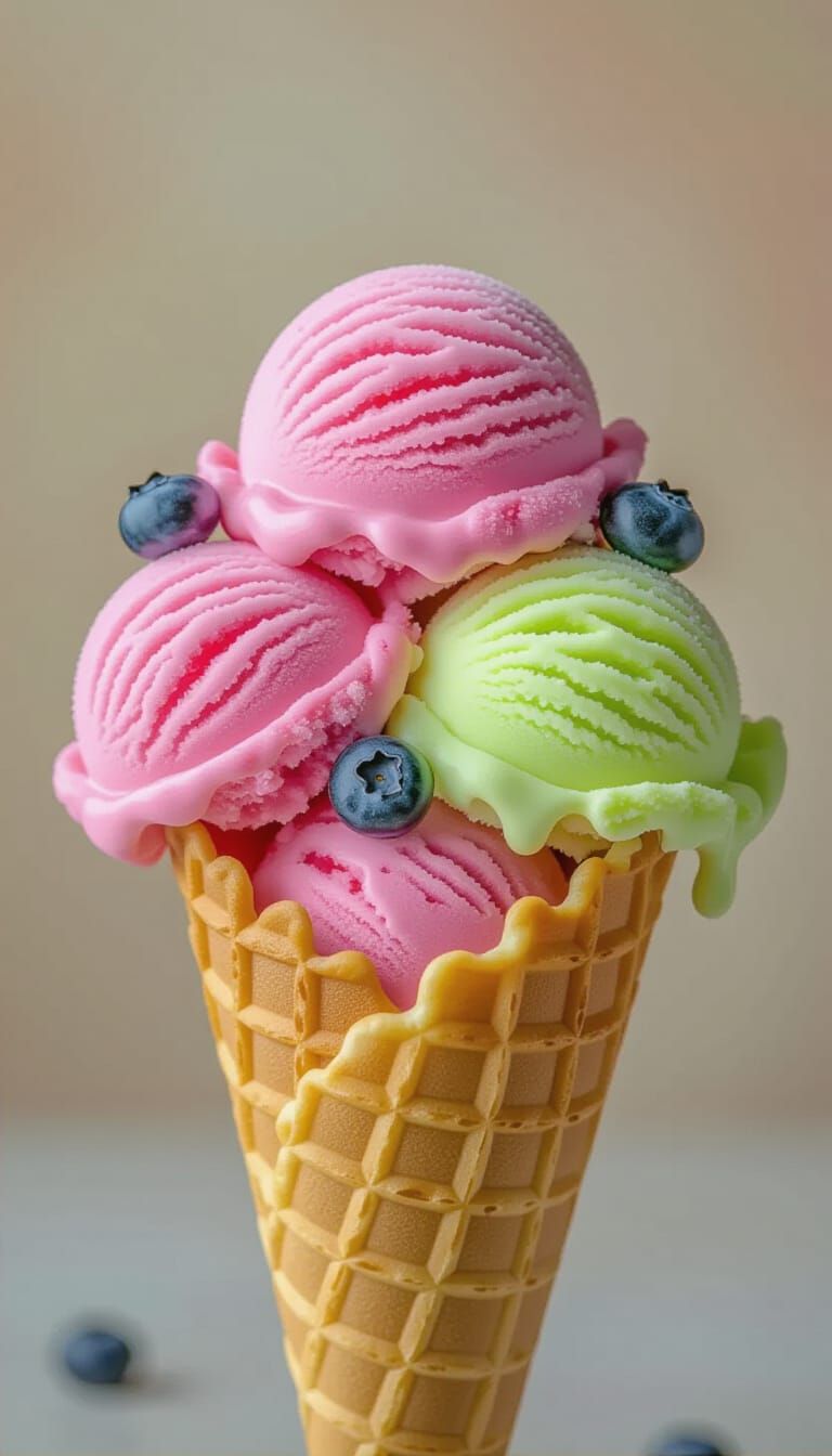 Vibrant Ice Cream Scoops in Waffle Cone