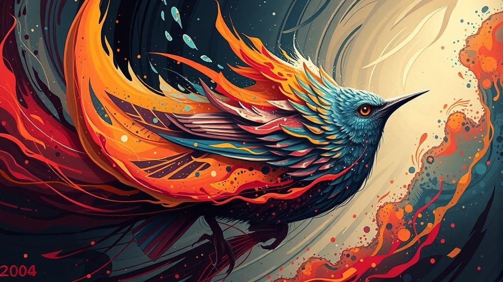 Vibrant Bluebird Ignited in Fiery Abstract Art