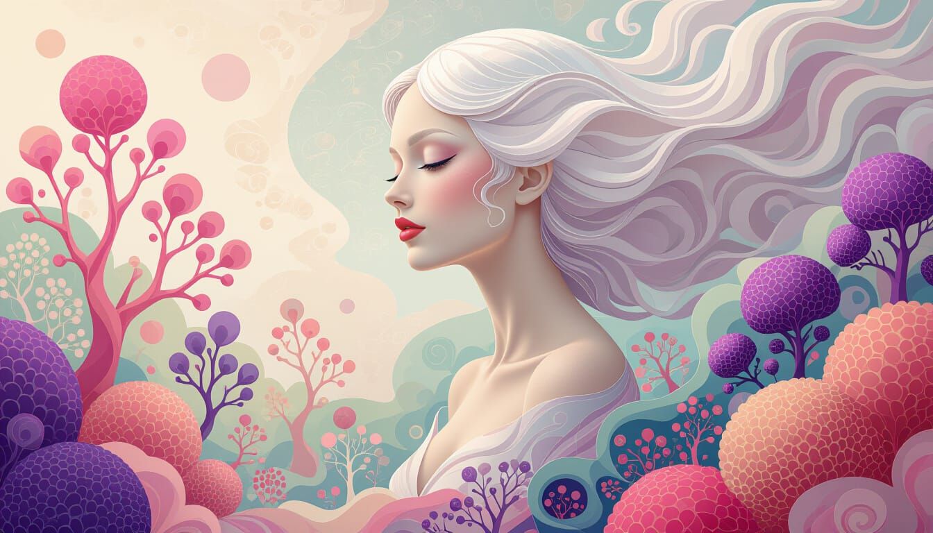 Ethereal Woman in Surreal Botanical Landscape