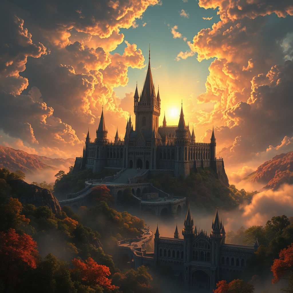 Majestic Castle in Mystical Clouds, Fantasy Illustration