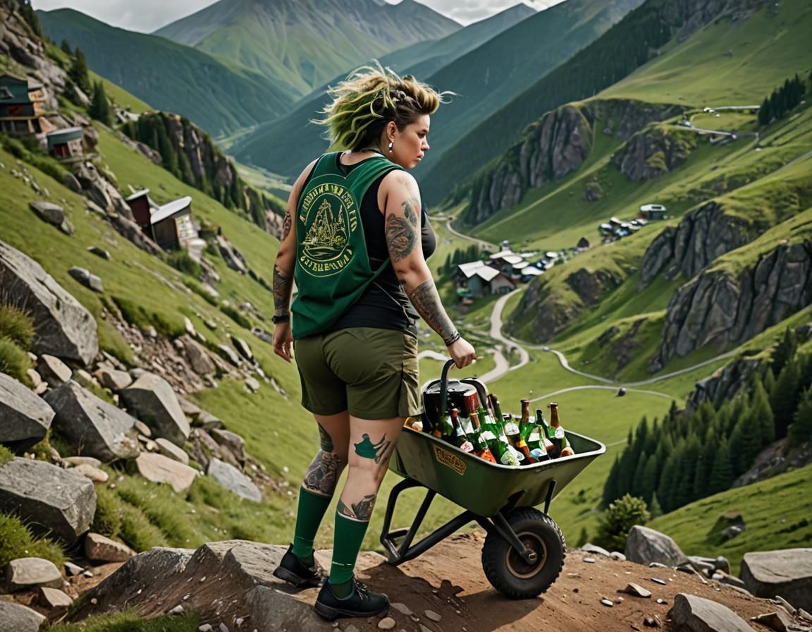 Woman Pushing Beer Up Mountain in Desolate Landscape