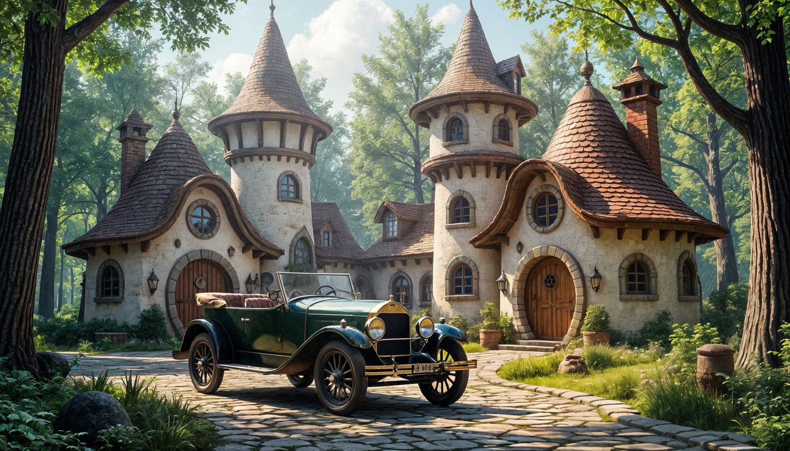 Antique 1915 Car Before Whimsical Elven Cottages