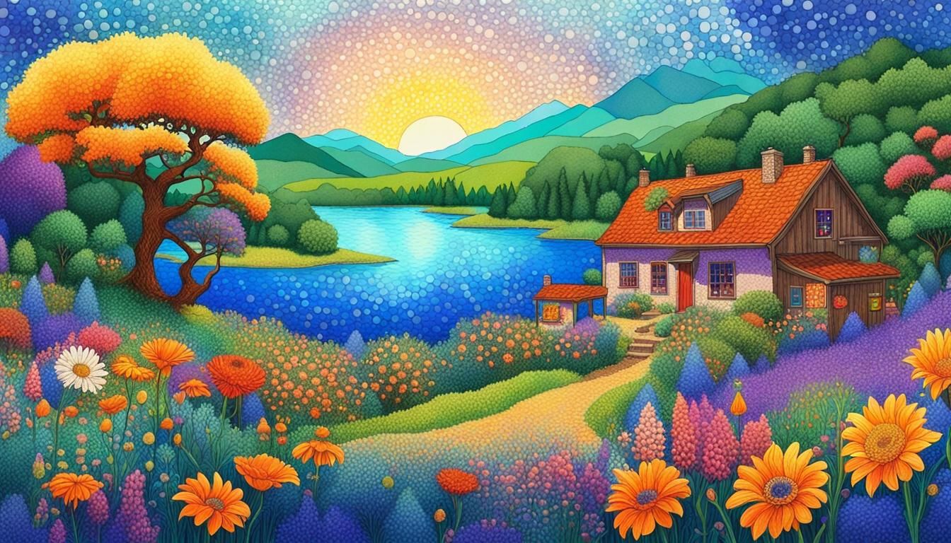 Magical Lakeside Village in Vivid Pointillism Style