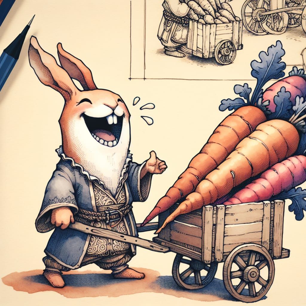 Joyful Rabbit Merchant Selling Carrots, Medieval Scene