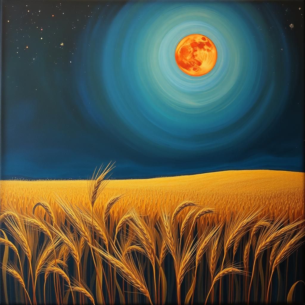 Wheat Field Under Blood Moon in Surreal Style