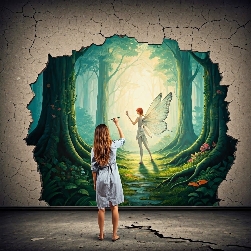 Surreal Fairy Forest Mural Painted on Factory Wall