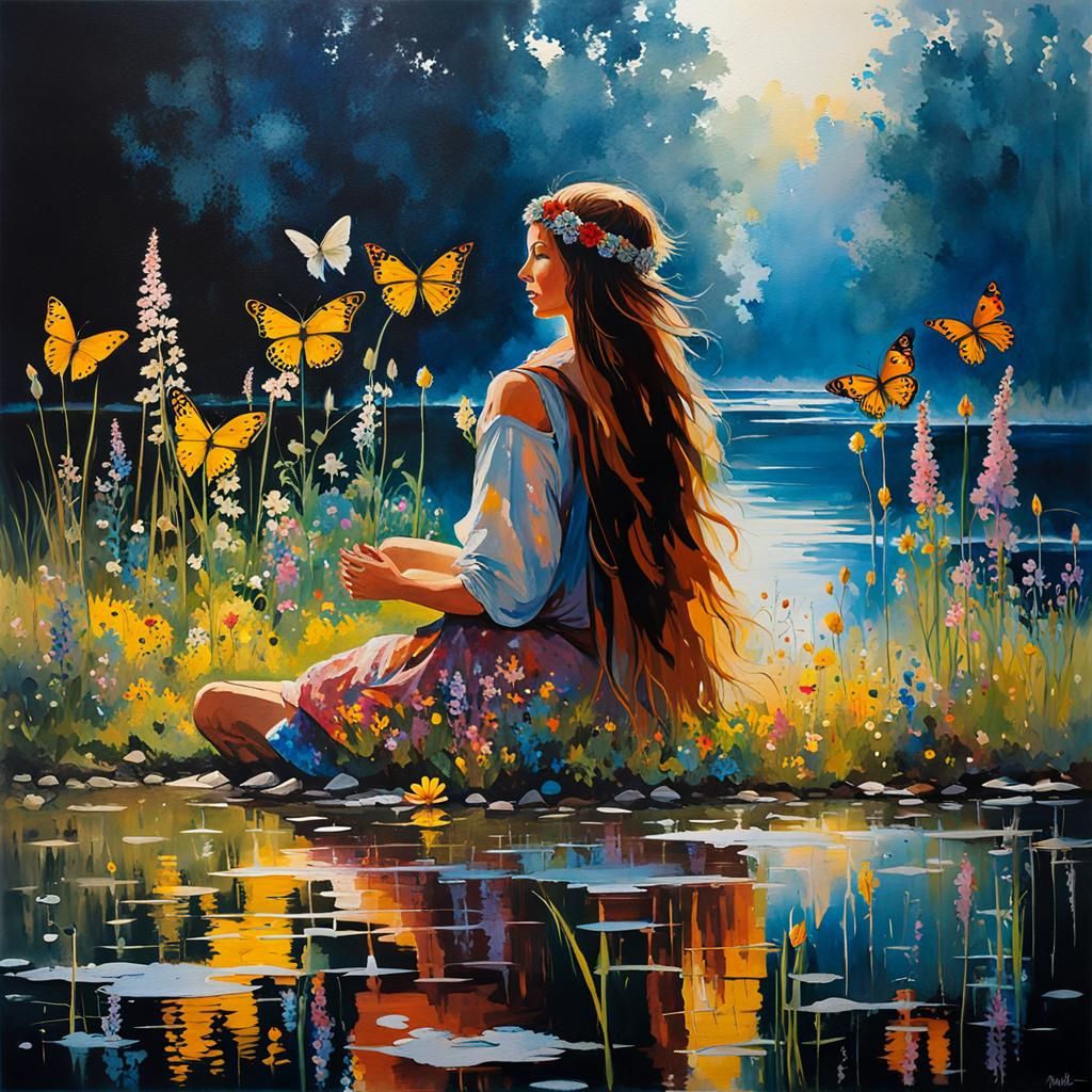 Hippie by River with Flowers: Graffiti Street Art