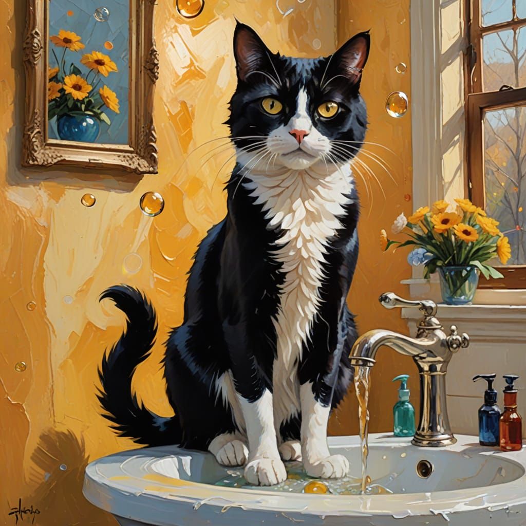 Whimsical Tuxedo Cat in Oil Painting Masterpiece