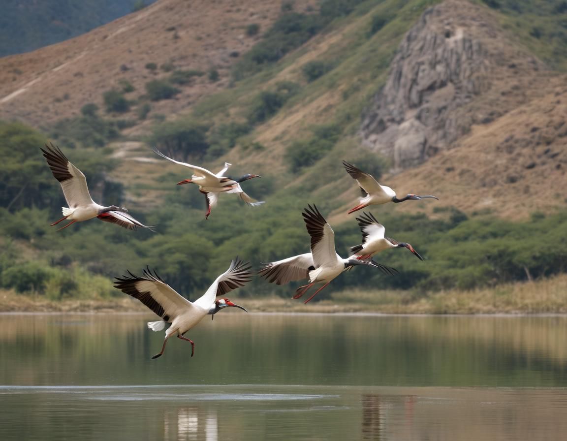 Crested Ibises Fly Over Mountain Lake