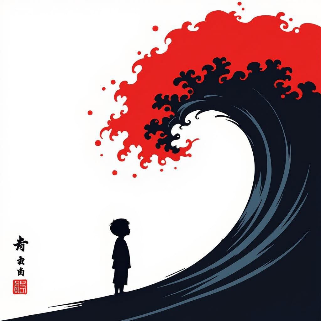 Boy Faces Red Ink Wave in High Contrast Minimalist Style
