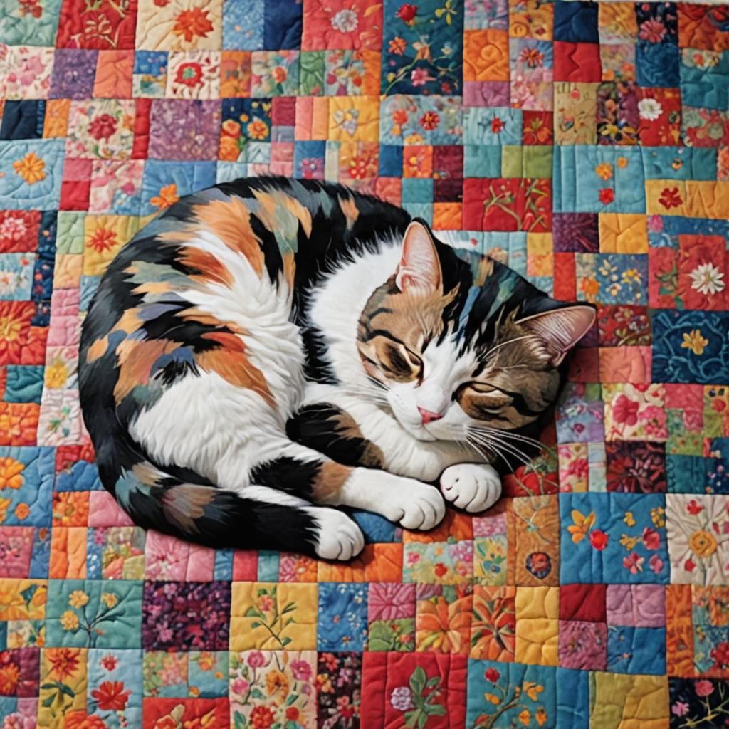 Sleeping cat on a patchwork quilt