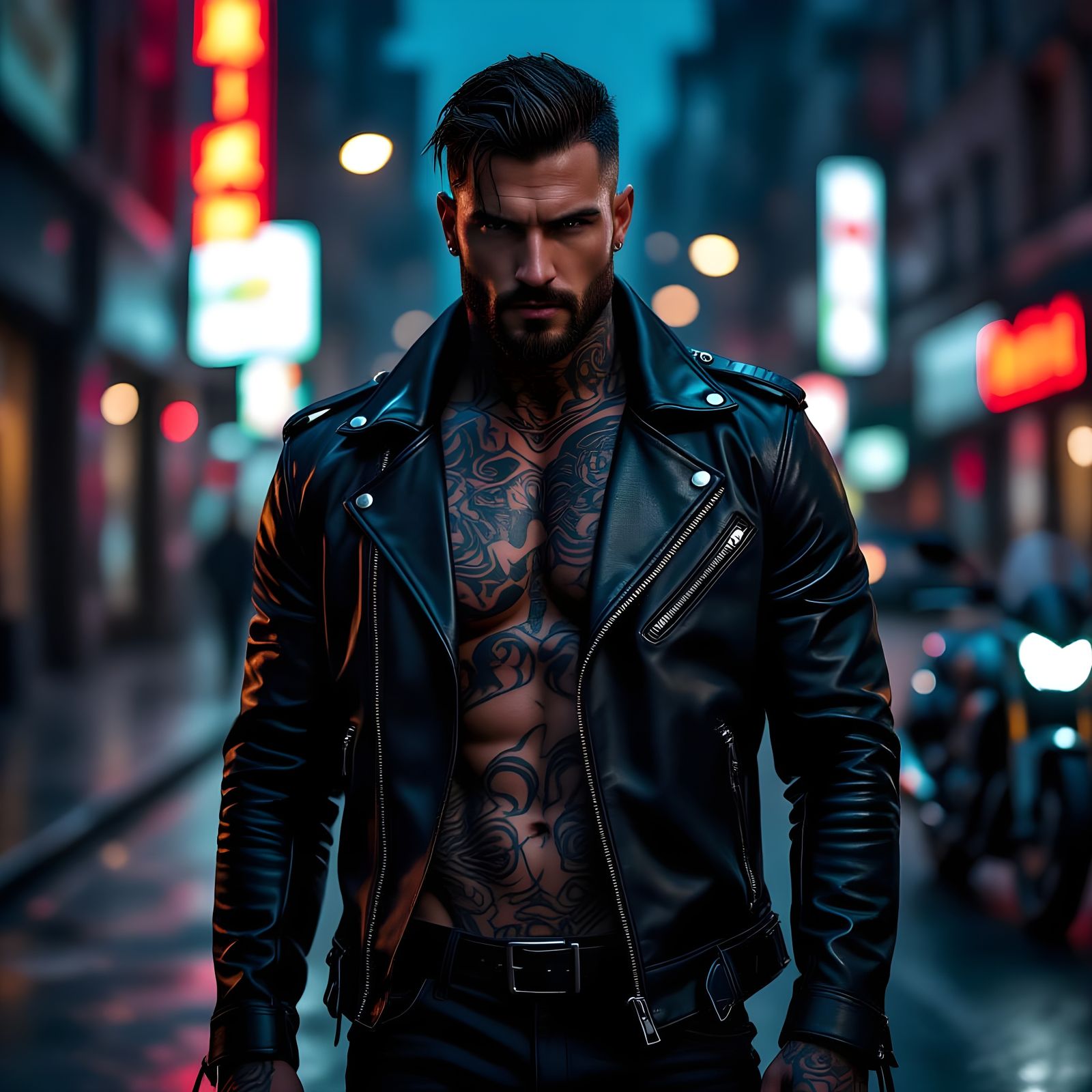 Intense Gaze on Rain-Slicked Street at Night