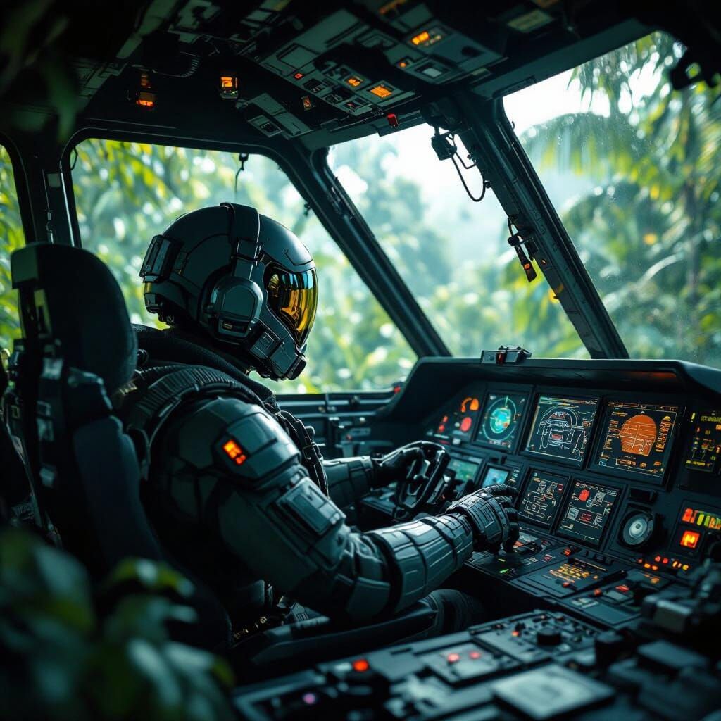 Mech Pilot in Jungle Cockpit, Hyperrealistic Cinematic