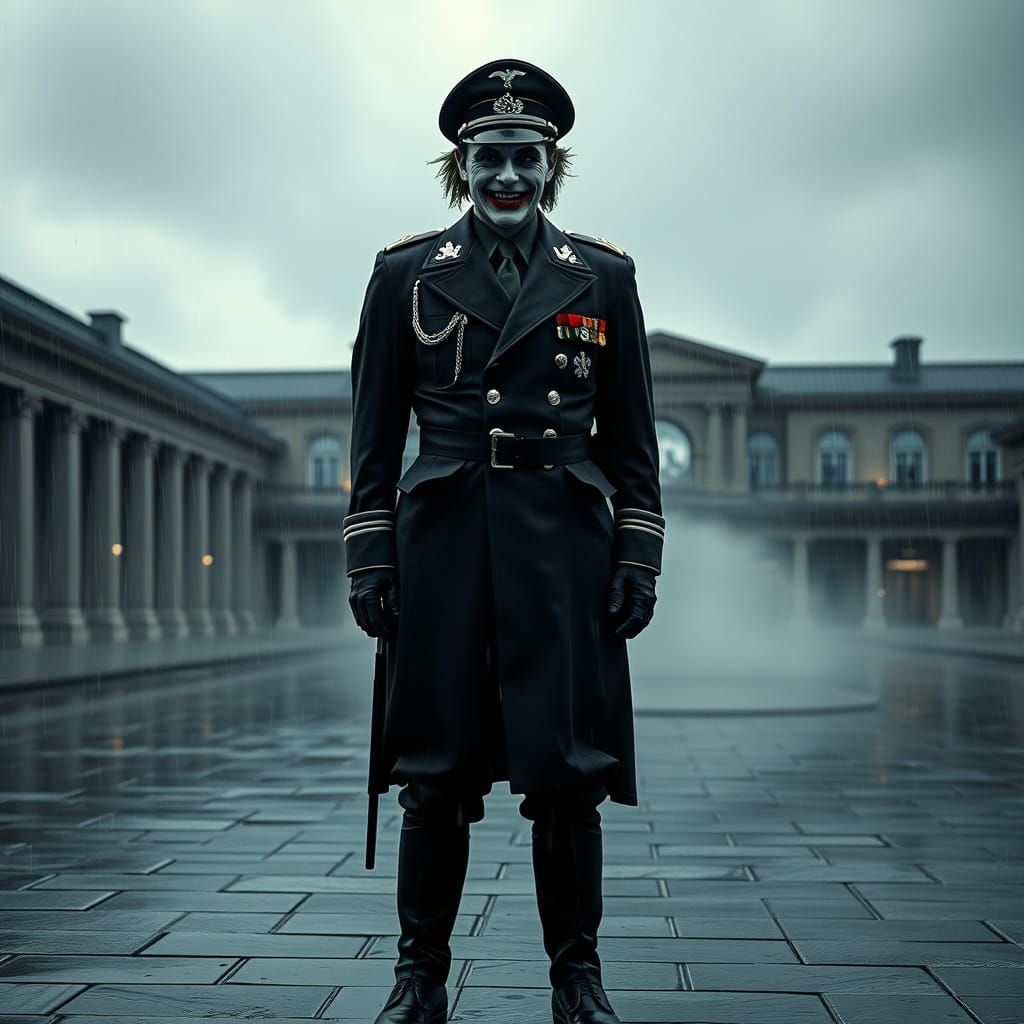 The Joker Stands at Attention in a Rain-Soaked SS Officer Un...